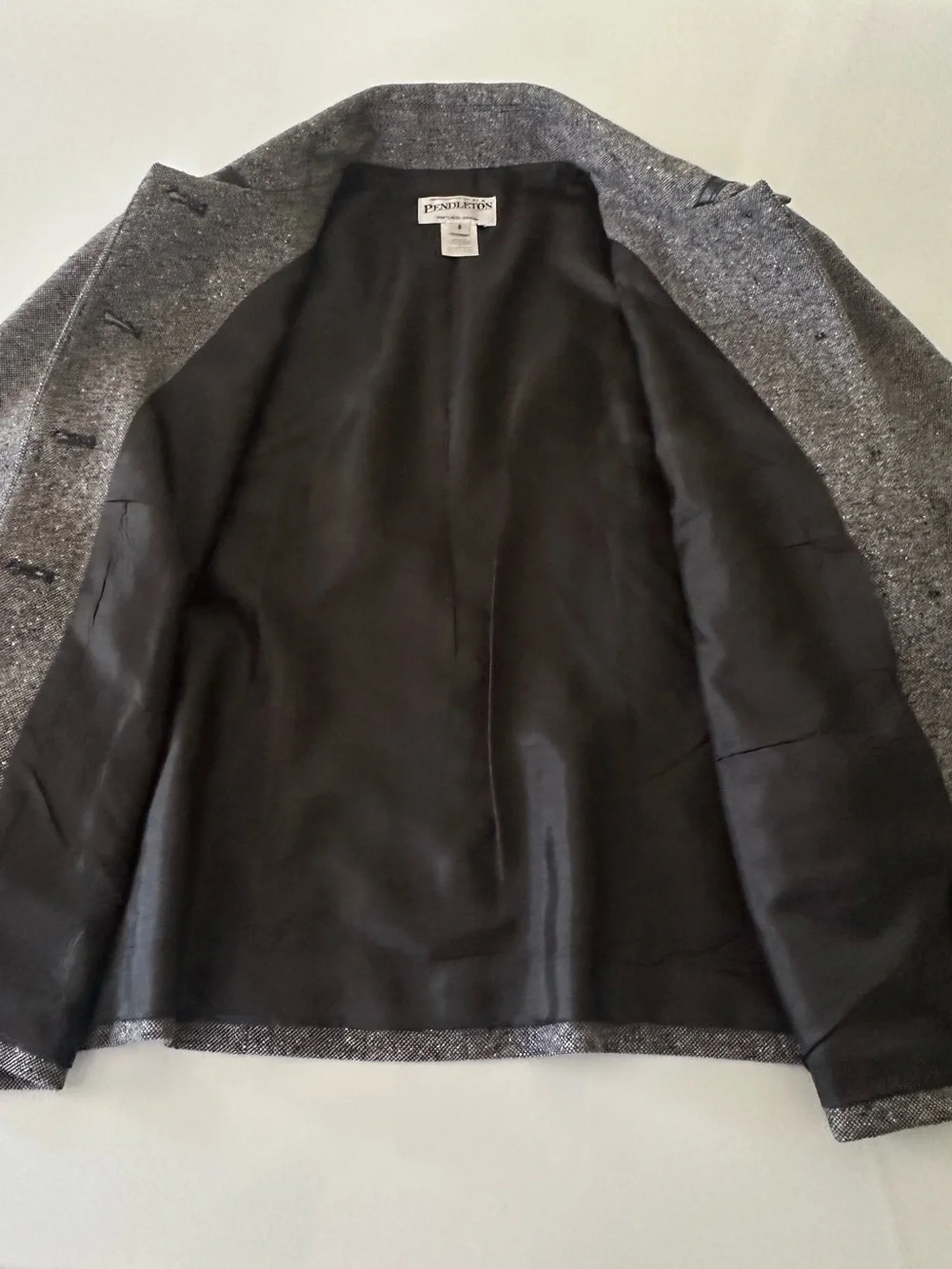 Pendleton Wool Silk Leather Trim Blazer Jacket Size 8 Black White Tweed - Picture 10 of 15